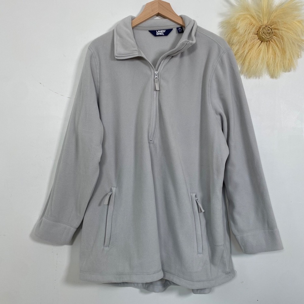 Lands End Womens Fleece 1/4 Zip Pullover Size 2X Zipped Pockets Gray Athletic